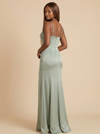 Sage Green Bridesmaid Dress Satin Spaghetti Strap Twist Front High Slit 26025
