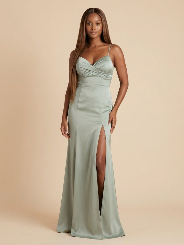 Sage Green Bridesmaid Dress Satin Spaghetti Strap Twist Front High Slit 26025