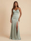Sage Green Bridesmaid Dress Satin Spaghetti Strap Twist Front High Slit 26025