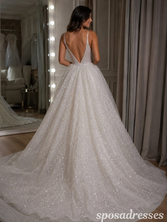 Sparkly Embellished Tulle A-Line Wedding Dress with Deep V Neckline WD26001