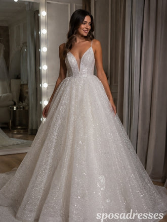 Sparkly Embellished Tulle A-Line Wedding Dress with Deep V Neckline WD26001