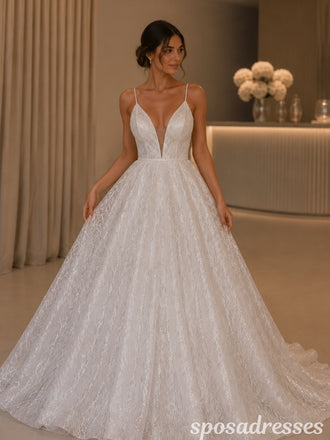 Glitter Lace A-Line Wedding Dress with Spaghetti Straps WD26002
