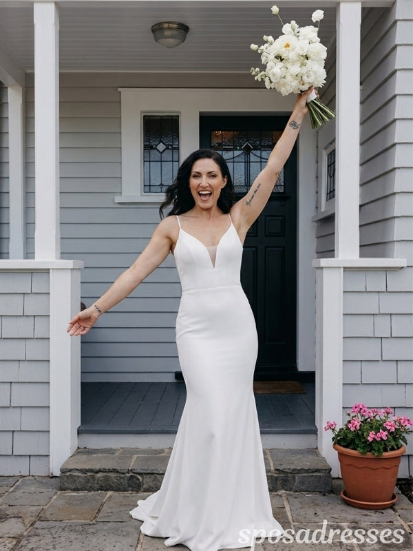 White Crepe Deep V Neck Spaghetti Straps Low V Back Mermaid Wedding Dress WD26004