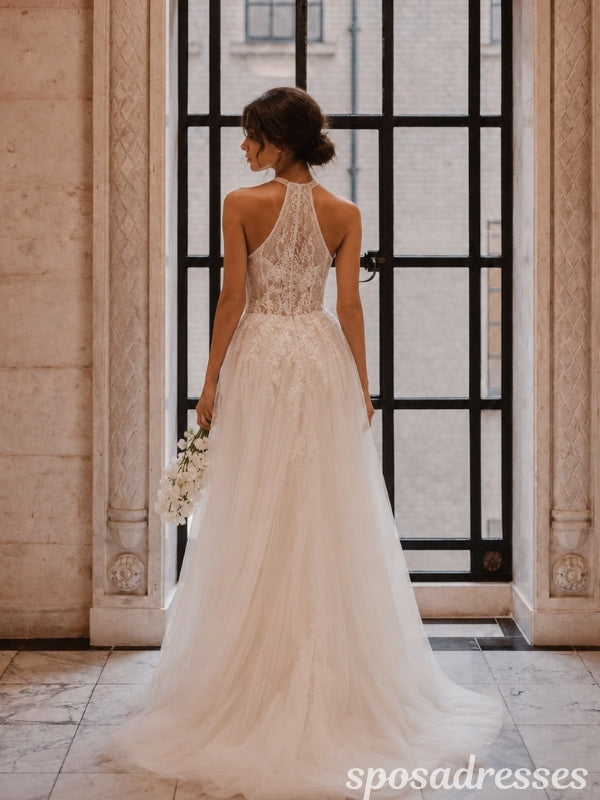 Ivory Lace Tulle Halter Deep V Neck High Slit A Line Wedding Dress WD26005