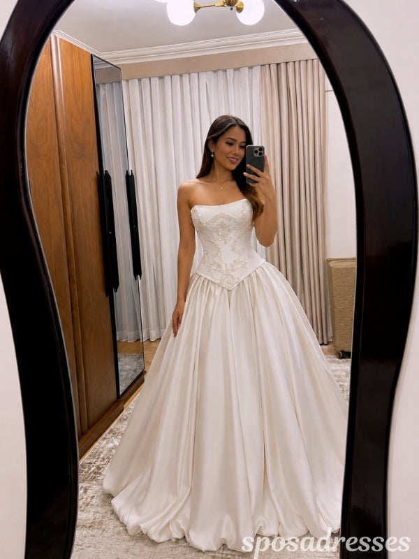 Ivory Satin Strapless Embroidered Basque Waist Ball Gown Wedding Dress WD26010