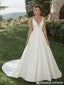 Ivory Satin Beaded V Neck Illusion Lace Back A Line Wedding Dress WD26011