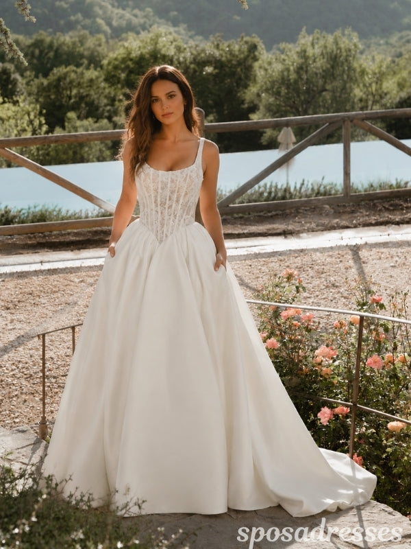 Ivory Lace Corset Scoop Neck Basque Waist Satin Ball Gown Wedding Dress with Pockets WD26012