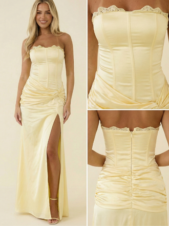 Iconic Butter Yellow Satin Prom Dress Lace Trim Corset Gown with Slit, 26007