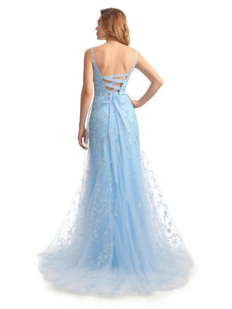 Floral Blue Mermaid Spaghetti Straps Maxi Long Party Prom Dresses,Evening Dress,13489