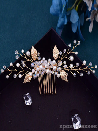Sparkly Ladies Pearl Crystal Hair Comb Gold Alloy Leaf Hair Accessories for Women, HP180