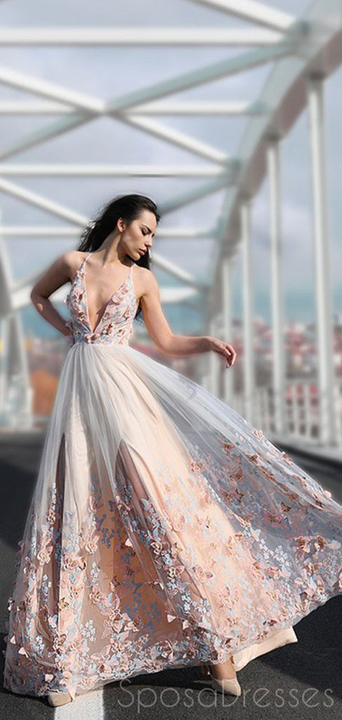 A-line Deep V Neck Sleeveless Long Prom Dresses, Sweet 16 Prom Dresses, 12420