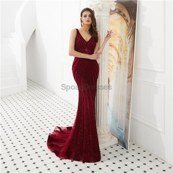 Σκούρο κόκκινο V Neck δαντέλα με στρας, βραδινά φορέματα, βραδινά φορέματα Prom, βραδινά φορέματα, 12090