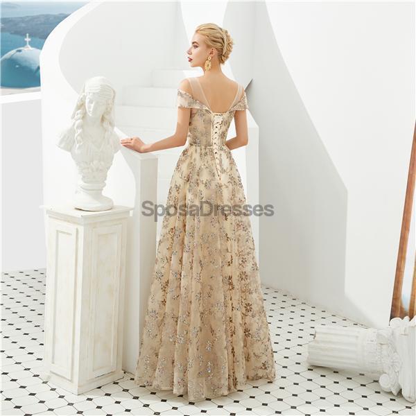 Off Shoulder Sparkly Gold Billig Long Evening Prom Dress, Evening Party Prom Dress, 12125