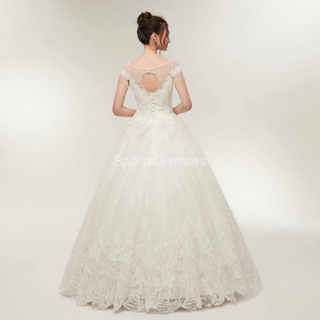 Scoop Cap Sleeves Lace A-line Vestidos de novia baratos en línea, Vestidos de novia únicos, WD570