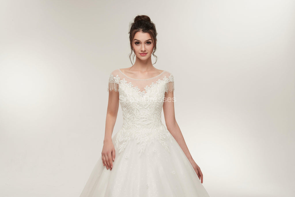 Scoop Cap Sleeves Lace A-line Φτηνές Γάμο Φορέματα Σε Απευθείας Σύνδεση, Μοναδικά Νυφικά Φορέματα, WD570