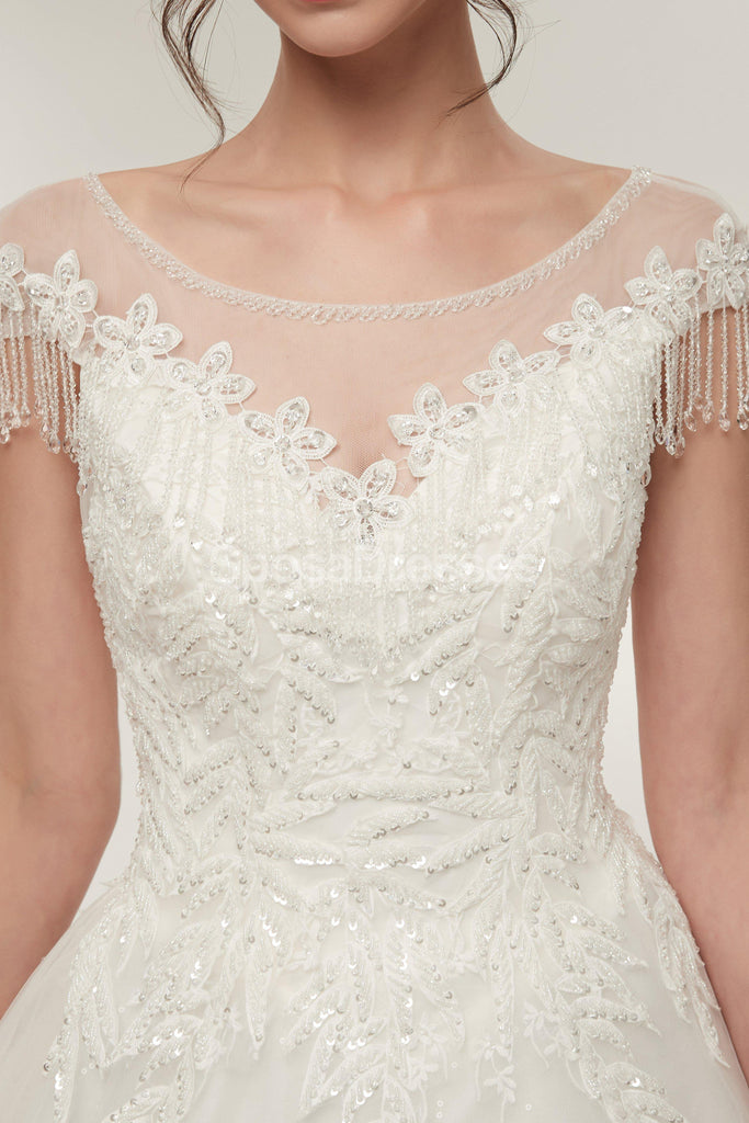 Scoop Cap Sleeves Lace A-line Φτηνές Γάμο Φορέματα Σε Απευθείας Σύνδεση, Μοναδικά Νυφικά Φορέματα, WD570