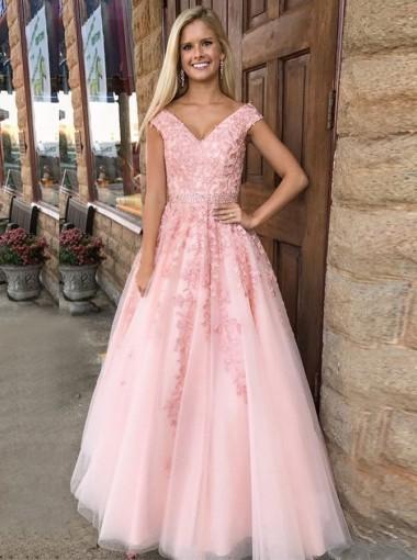 Pink V Neck Short Sleeve Lace A-line Evening Prom Dresses, Sweet 16 Dresses, 17591