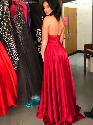 Sexy Red Backless Halter Slit Long Evening Prom Dresses, 17596