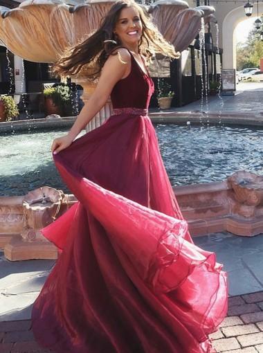 Red V-Neck A-line Maroon Organza Long Evening Prom Dresses, 17598