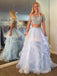 Two Pieces Off Shoulder Beaded Tulle Ruffle A-line Long Evening Prom Dresses, 17600