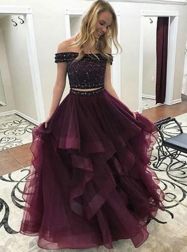 Two Pieces Off Shoulder Beaded Tulle Ruffle A-line Long Evening Prom Dresses, 17600