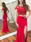 Red Two Pieces Cap Sleeves Side Slit Mermaid Long Evening Prom Dresses, 17608