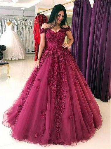 Lace Off Shoulder Maroon A-line Long Evening Prom Dresses, 17613