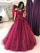 Lace Off Shoulder Maroon A-line Long Evening Prom Dresses, 17613