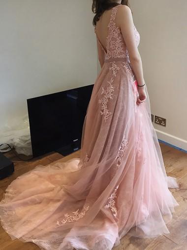 Blush Pink Lace Beaded A-line Long Evening Prom Dresses, 17631