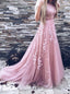 Blush Pink Lace Beaded A-line Vestidos de fiesta largos de noche, 17631