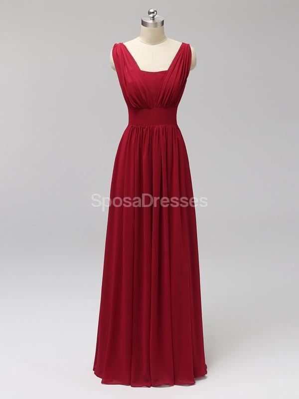 Vermelho duas tiras Chiffon sem encosto longos e baratos dama de honra vestidos on-line, WG560