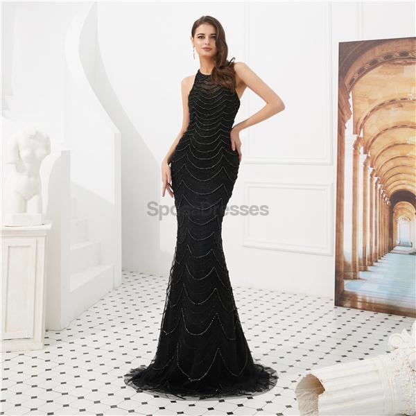 Halter Heavily Beaded Black Lace Mermaid Evening Prom Robes, Evening Party Prom Robes, 12092