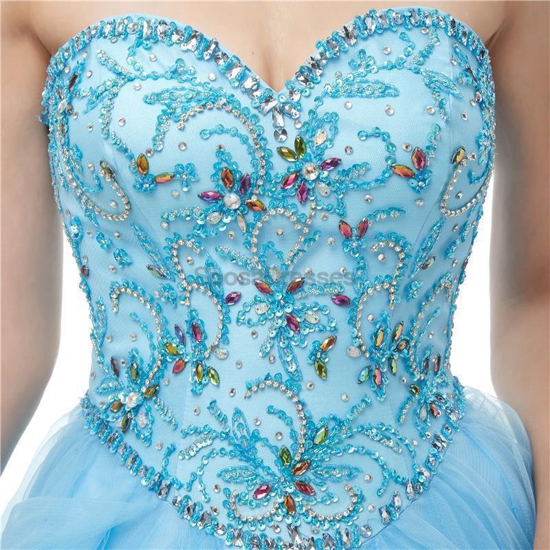 Καρδιά Μπλε Φορτισμένο Quinceanera Φορέματα, Βραδινά Πάρτυ Prom Φορέματα, 12099