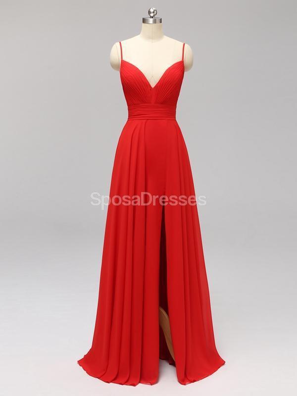 Side Slit Spaghetti Straps Red Chiffon Long barato dama de honra vestidos on-line, WG592