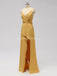 Bretelles spaghetti à fente latérale Orange Longues Robes De Demoiselle D'honneur bon marché en ligne, WG602