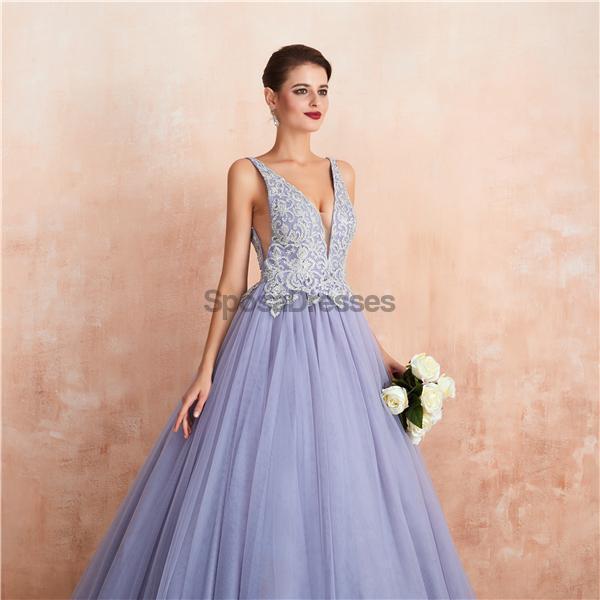 V Neck Lilac Lace Beaded A-Line Long Evening Prom Dresses, Abendparty Prom Dresses, 12133