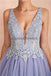 V cuello lila encaje con cuentas A-line vestidos de fiesta de noche larga, vestidos de fiesta de la noche, 12133
