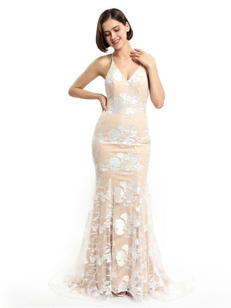 Spaghetti Straps Lace Mermaid Champagne Cheap Long Evening Prom Dresses, Evening Party Prom Dresses, 12149