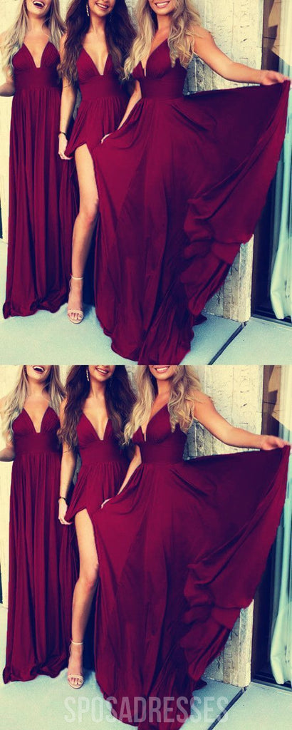 V Neck Side Slit Burgundy Chiffon Cheap Long Bridesmaid Dresses Online, WG292