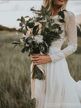 Vestidos de novia baratos de playa de encaje de manga larga en línea, vestidos de novia de encaje baratos, WD461