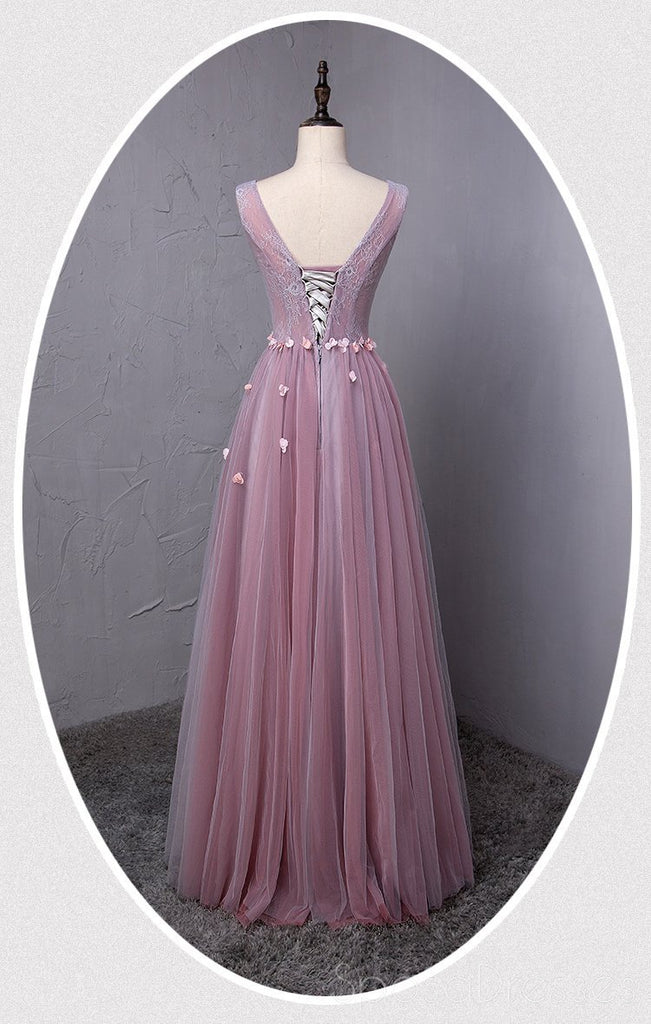 Dusty Purple V Neck A-line Tulle Long Evening Prom Dresses, 17615