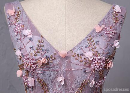 Dusty Purple V-Ausschnitt A-Linie Tüll lange Abend Abendkleider, 17615