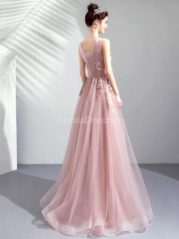 Scoop dentelle perlée rose longues robes de bal de soirée, robes de soirée, 12286