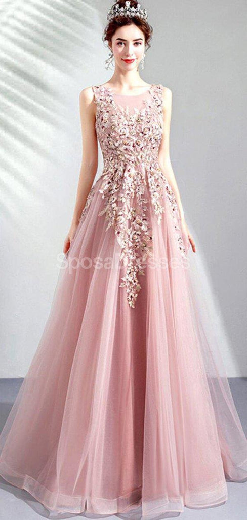 Scoop Lace Beaded Pink Long Evening Prom Dresses, vestidos de fiesta de noche, 12286