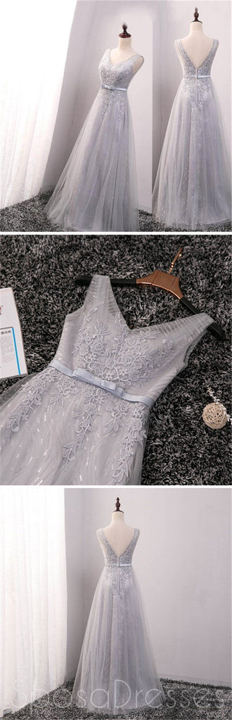 V Neckline Gray Lace Sparkly Evening Prom Dresses, Popular Lace Party Prom Dresses, Custom Long Prom Dresses, Cheap Formal Prom Dresses, 17181