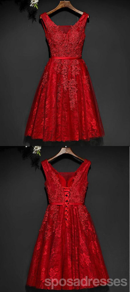 Red Lace V Neckline Beaded Homecoming Prom Dresses, Affordable Corset Back Short Party Prom Dresses, Perfect Homecoming Dresses, CM259