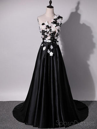 One Shoulder Handmade Flower Black A-line Long Evening Prom Dresses, 17624