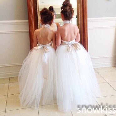 Halter Mignon Tulle moelleux Backless Fleur Fille Robes Avec Ceinture, FG007