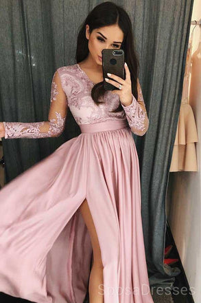 Long Sleeves Side Slit Pink Long Evening Prom Dresses, Cheap Custom Sweet 16 Dresses, 18465