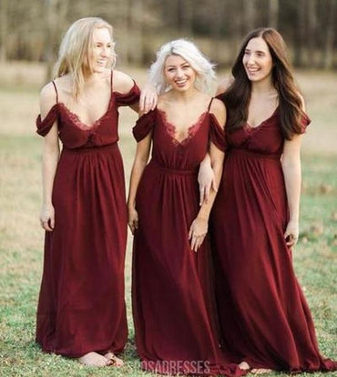 Spaghetti Correas Burgundy Chiffon Vestidos De Novia Baratos Largos En Línea, WG313